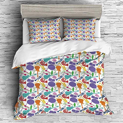 3 Pieces/All Seasons/Home Comforter Bedding Sets Duvet Cover Sets for Adult Kids/Queen/Music,Colorful Instruments Bass Guitar Rock Microphone Trumpet Saxophone Jazz Part