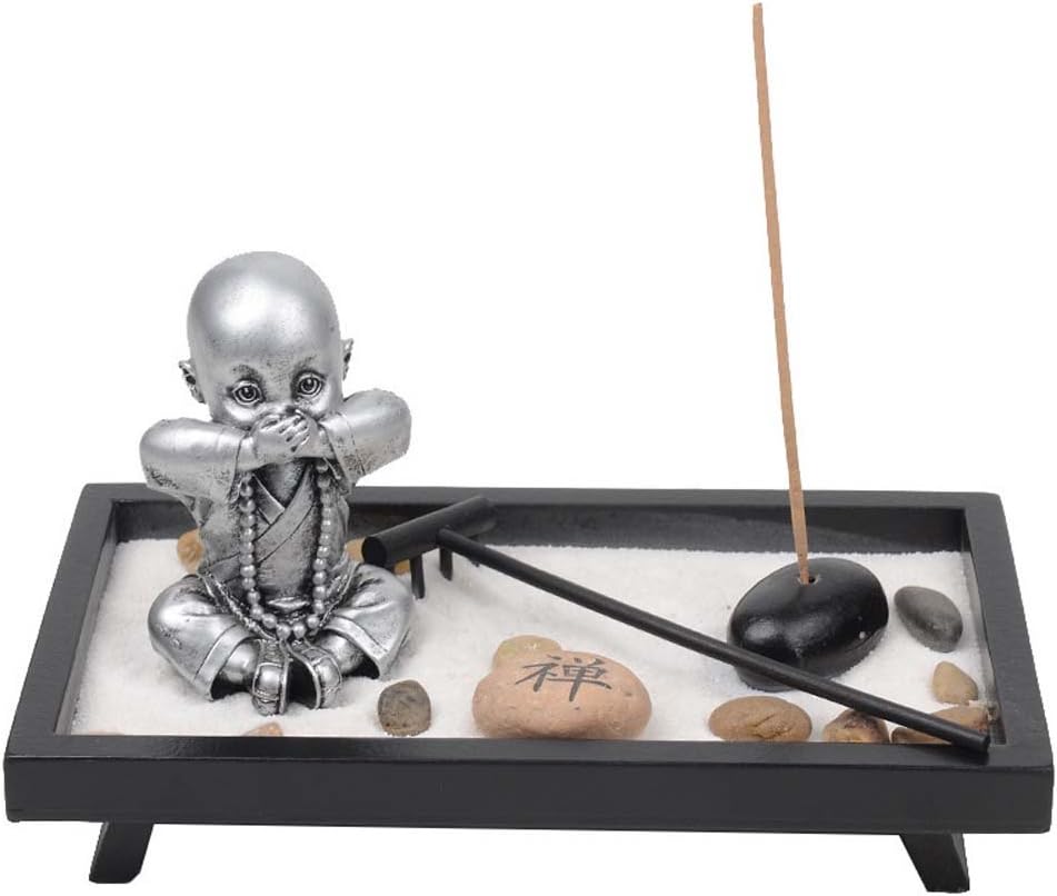Zen Garden Speak No Evil Monk Ornament Buddha Statue Incense Burner Holder Meditation Sand Tray (Silver)