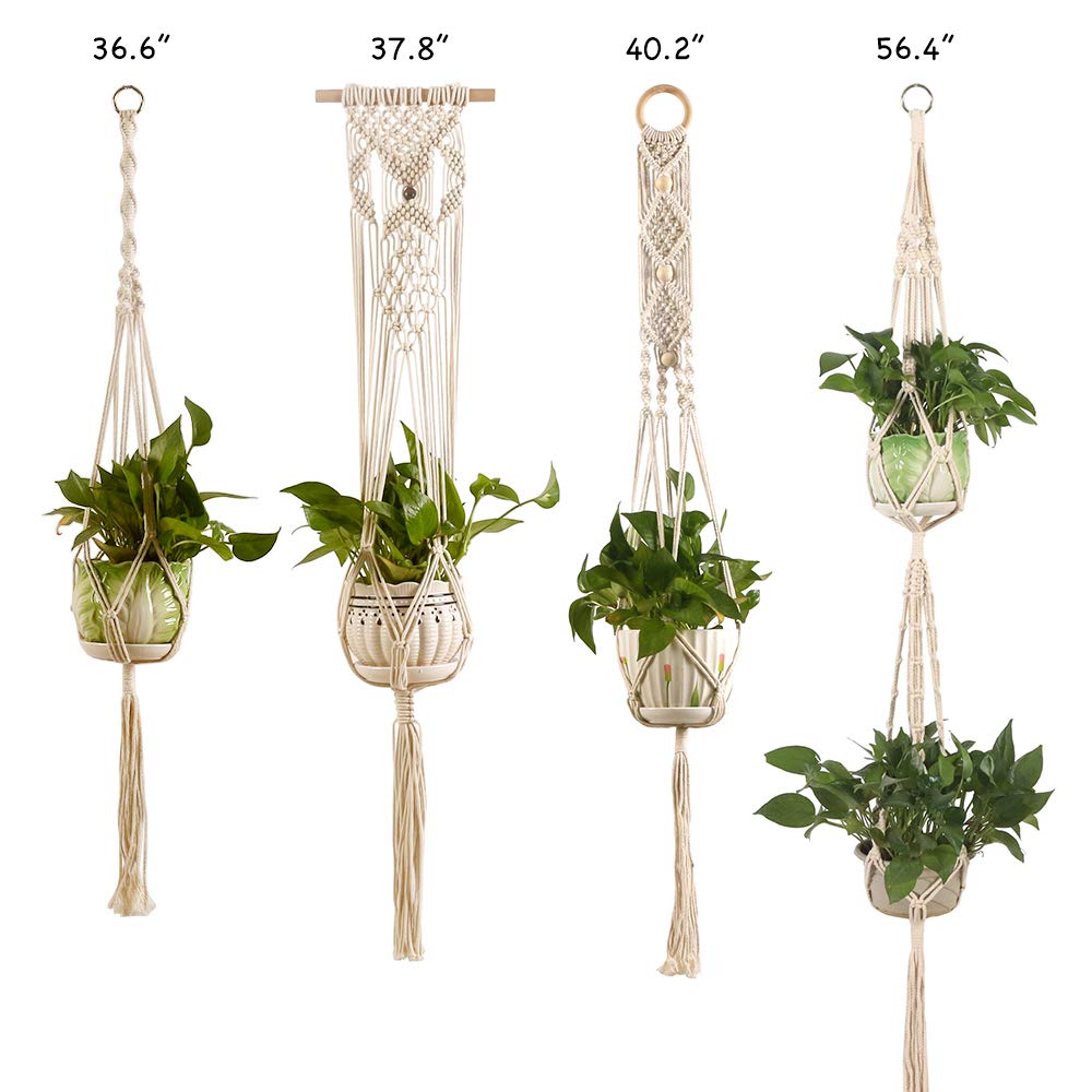 Macrame Plant Hangers, 4 Pack Handmade Indoor Outdoor Wall Hanging Planter, Cotton Rope Decorative Flower Pot Holder for Home, Patio, Garden (Pack of 4-Creamy-White)