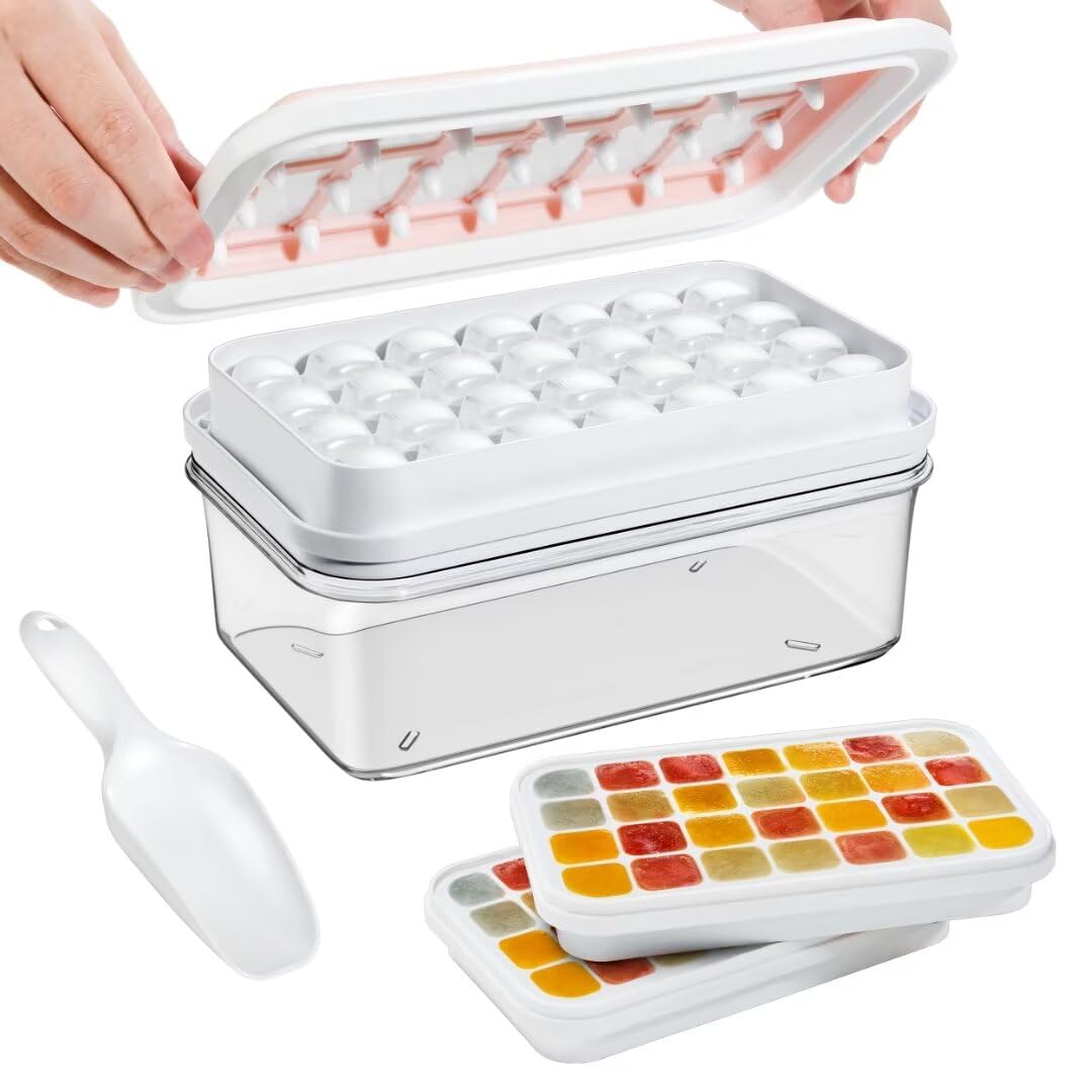Photo 1 of Ice Cube Tray with Lid and Bin, 56 pcs Ice Trays for Freezer, with 2 trays, Ice Cube Molds, Container, Lid & Ice Scoop, Spill-Resistant, Easy Release, BPA Free(Pink)