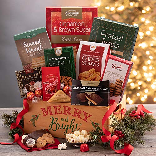 2019 Christmas Basket of Gourmet Holiday Gifts - Wooden Christmas Gift Crate of Truffles, Chocolates, Popcorn, Cookies, Cheese and Crackers