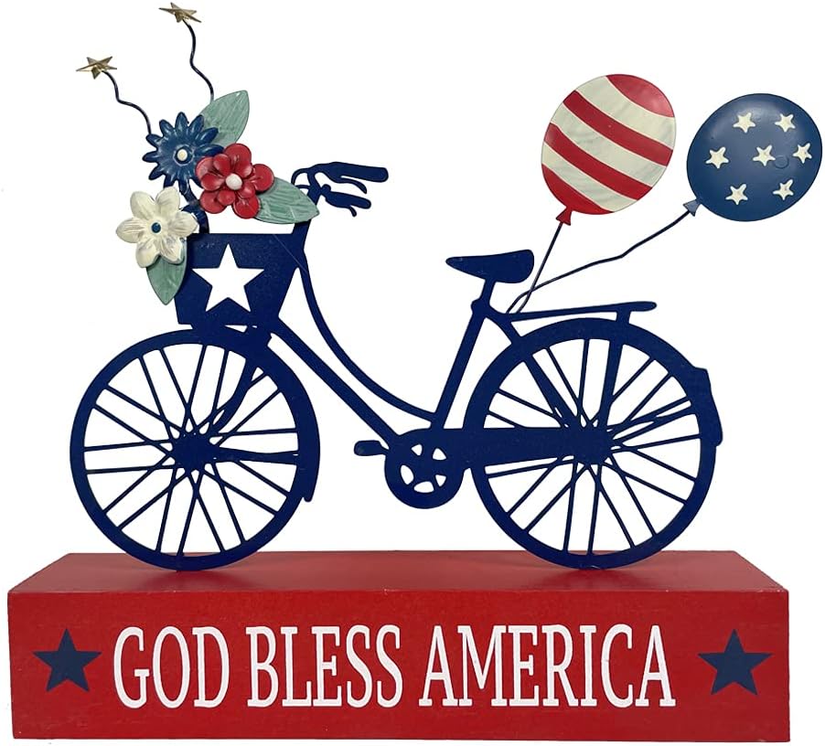 HOMirable Patriotic Decor American Flag Balloon Bicycle Box Sign Memorial Day Decoration Home Wood Sign 4th of July Farmhouse Block Independence Day Table Decor God Bless America