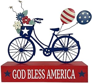HOMirable Patriotic Decor American Flag Balloon Bicycle Box Sign Memorial Day Decoration Home Wood Sign 4th of July Farmhouse Block Independence Day Table Decor God Bless America