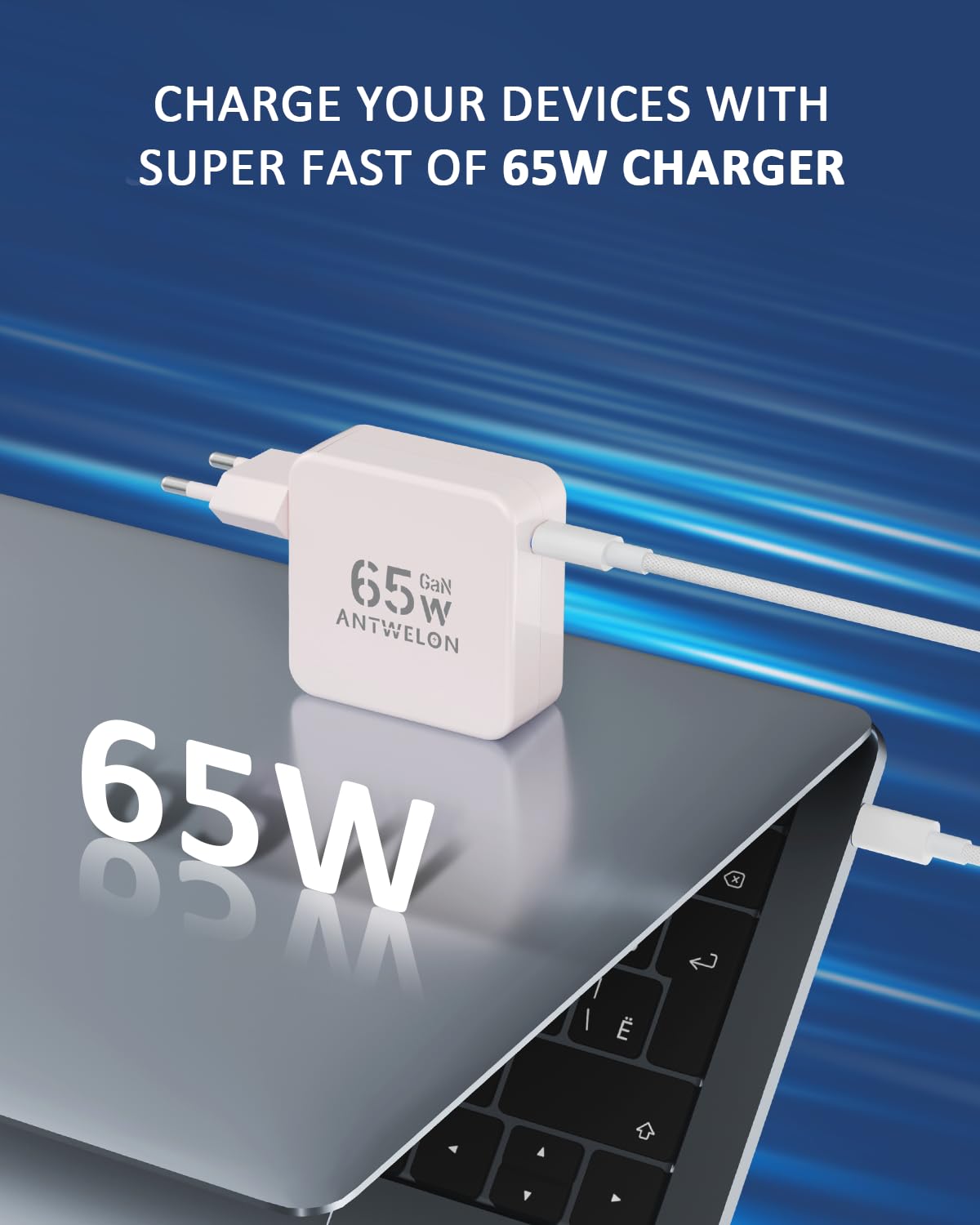 ANTWELON 65W USB C Ladegerät Netzteil mit Schnellladeleistung GaN USB-C für MacBook Pro/Air, iPhone 17/16/Pro Max, iPad Pro, Galaxy s26/s25/s24,Tablet,Laptop, Mit 2M Typ C Kabel (weiß) 2