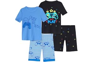 Vopawetty Boys 4-Piece Summer Pajamas Cotton Short Pjs Set Kids Sleepwear