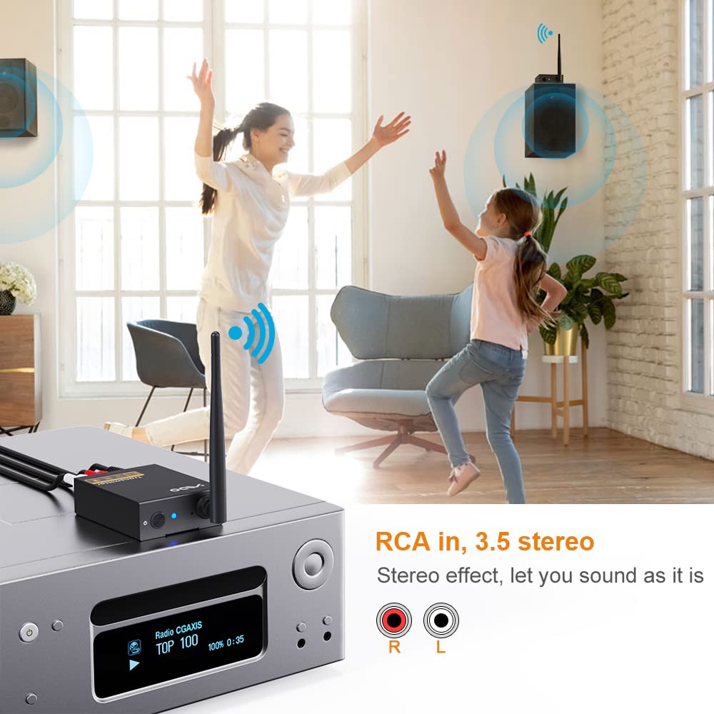 YMOO 2.4Ghz Wireless Audio Transmitter Receiver,192kHz/24bit HiFi Audio,20ms Ultra Low Latency,320ft Long Range RCA Jack Adapter for Speaker/soundbar to TV/PC/CD Player/Computer/Projector