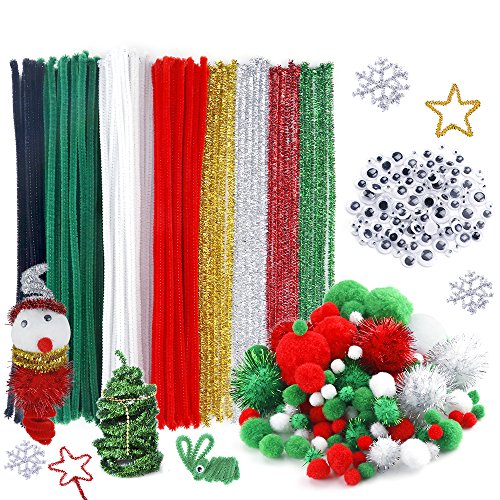 Caydo 350 Pieces Pipe Cleaners Set, Including 120 Pieces Pipe Cleaners, 6 Size Pom Poms and 4 Size Wiggle Googly Eyes for Craft DIY Art Supplies