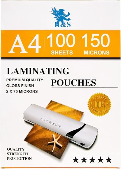 H&S A4 Laminating Pouches 100 Pack 150 Micron Crystal Clear 2x75μm