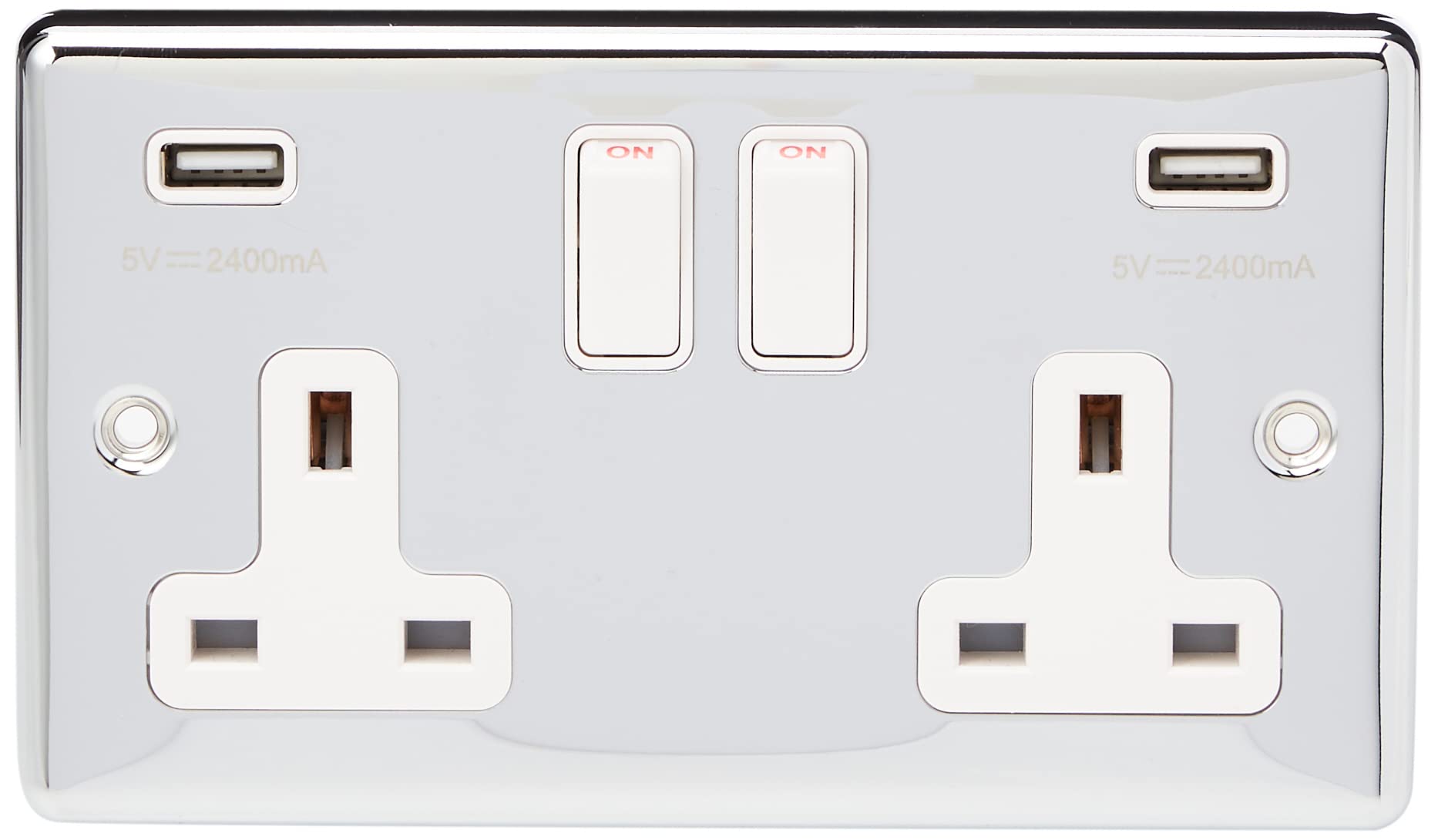 AET CPC2GUSBWH 2 Gang 13 A Double Plug Classical Chrome Polished Socket with USB Charging Ports and White Insert Plastic Rocker Switch