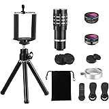 Criacr 3 in 1 Cell Phone Camera Lens Kit, 12X Fixed Focus Telephoto Lens + 0.63X Wide Angle & 15X Macro Lens (Attached Together) + Fisheye Lens + Tripod Camera Lens for iPhone, Samsung, Smartphones