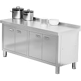 WWK 59" x 21" Stainless Steel Prep Table with Cabinet, Commercial Kitchen Table for Prep &amp; Work, Heavy Duty Work Table with 4 Doors for Kitchen, Restaurant, Hotel, Garage and Cafe