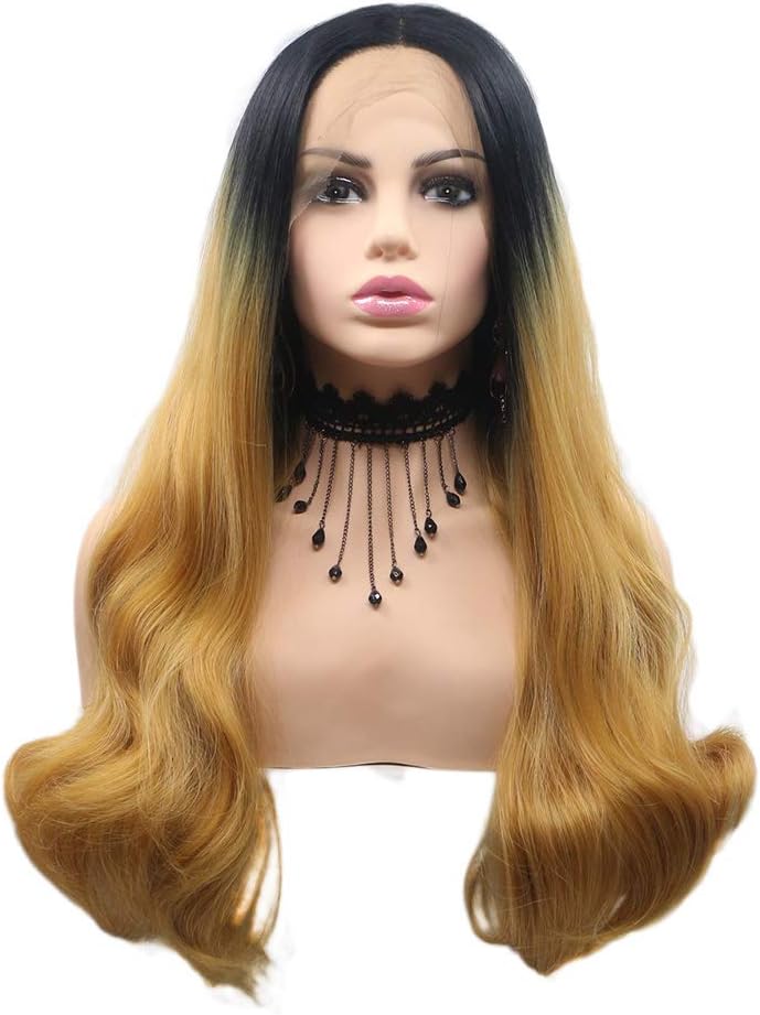 Ombre Golden Wigs for Women Dark Roots Long Brown Lace Front Synthetic Wig Heat Resistant Fiber Glueless Hair Costume Halloween Cosplay Anime Daily Use Full Wigs 24 Inches - Image 3