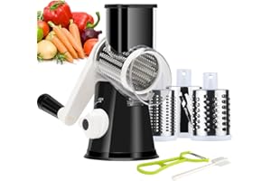 Ourokhome Rotary Cheese Grater Shredder, Round Mandolin Slicer with Handle and 3 Drum Blades, Kitchen Manual Vegetable Slicer Nuts Grinder with Cleaning Brush and Peeler, Black