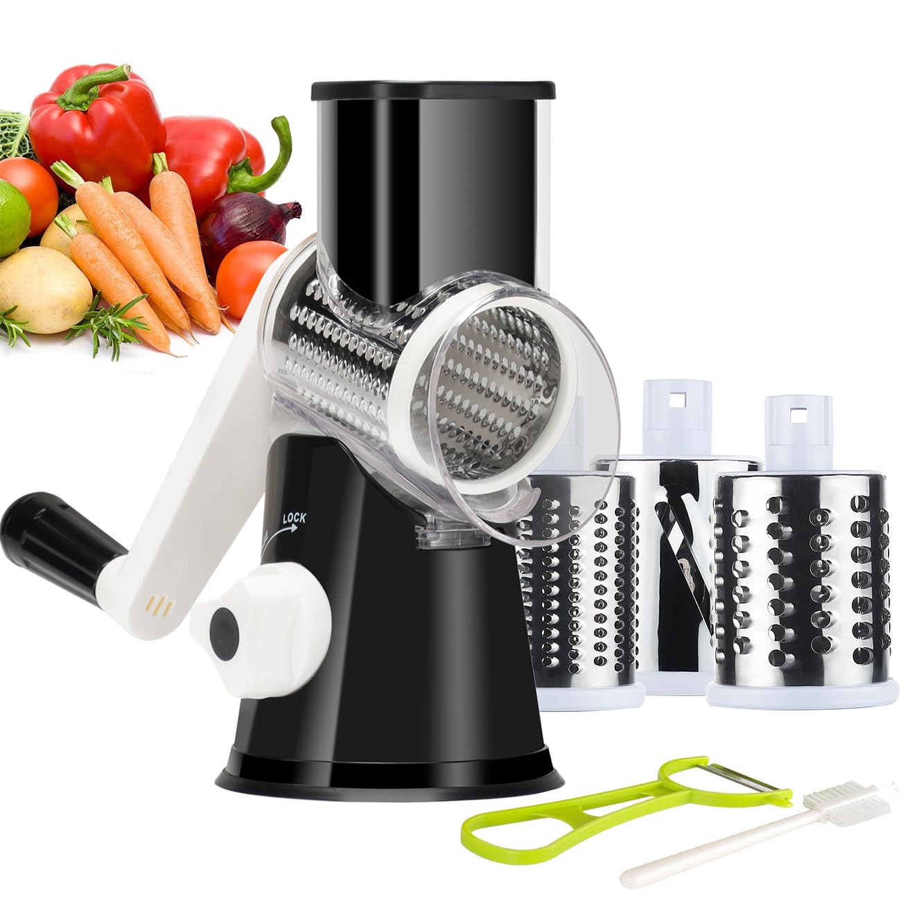 Photo 1 of Ourokhome Rotary Cheese Grater Hand Crank, Kitchen Shredder Speed Mandolin Slicer Nuts Grinder with Handle and Drum Blades for Cheese, Vegetable, Walnut, Chocolate, Potato, Carrot, 3 Blades, Black