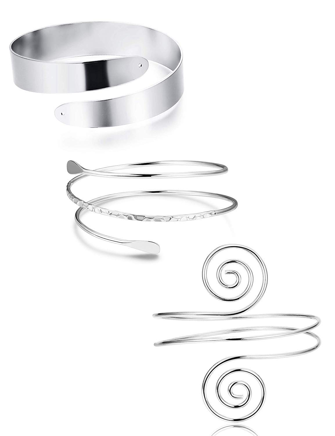 Finrezio 3Pcs Minimalist Coil Upper Armband Adjustable Cuff Armlet Arm Cuff Bracelet Filigree Swirl Silver