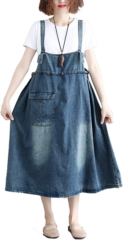 Amazon Lee Fun リー ファン デニムワンピース ジャンパースカート ジャンバースカート レディース Aライン ジャンスカ膝丈 ひざ丈 デニムサロペットスカート 大きいサイズ ゆったり おしゃれ かわいい 体型カバー L スカート 通販