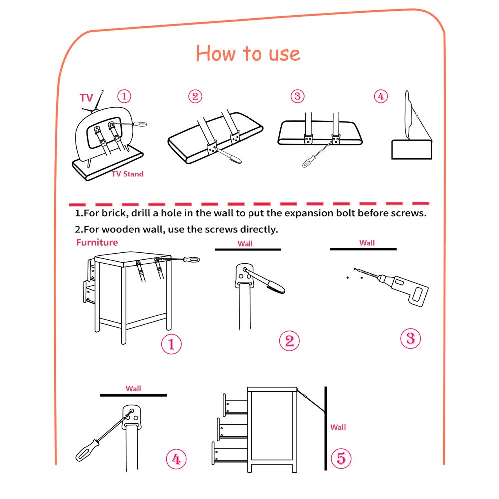 COCOLi Anti-Tip Furniture Straps, Adjustable TV Safety Straps, 8 Pack Wall Anchor for Earthquake Resistant, Heavy Duty Mounting Straps for Baby Proofing & Child Safety (Black, ) : Baby