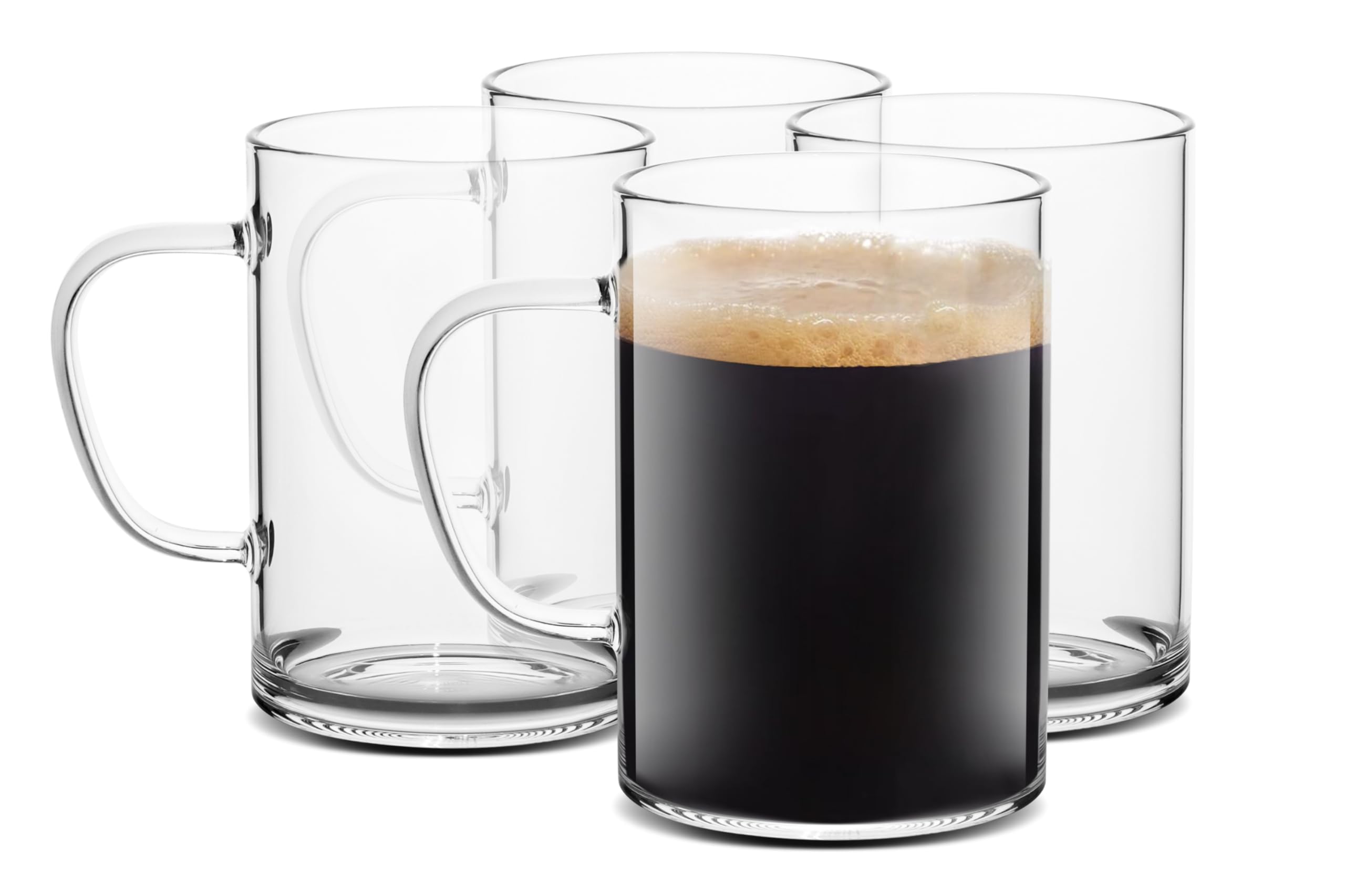 LUXU Glass Coffee Mugs Set of 4,Large Wide Mouth Mocha Hot Beverage Mugs(455 ml),Clear Espresso Cups with Handle,Lead-Free Drinking Glassware,Perfect for Latte,Cappuccino,Hot Chocolate,Tea and Juice