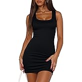 Valiamcep Women's Summer Tank Dress Square Neck Ribbed Knit Slim Fitted Basic Bodycon Mini Pencil Dresses