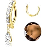 SOMEITIA 14G G23 Pure Titanium Clicker Belly Button Ring for Women Teardrop Navel Ring Curved Reverse Belly Ring CZ Belly Navel Piercing Jewelry