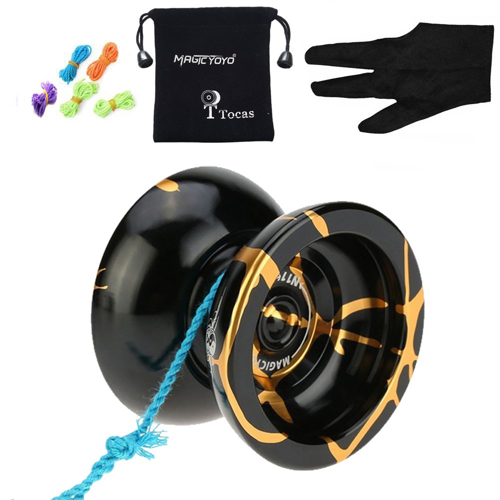 MAGICYOYO N11 Yoyos Professional Unresponsive Yoyo Metal for Kids Toy, Advanced Unresponsive Yo-yo for Adults Teens, Practice Yo-yos, with Glove+ Bag+ 12 Yo Yos Strings Kit, Black & Gold