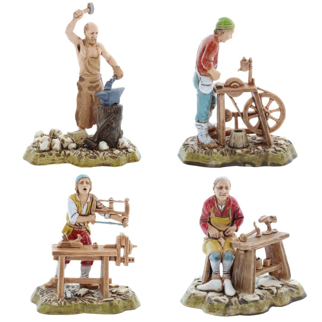 Moranduzzo Set of 4 Neapolitan Craftsmen for Nativity Scene of 4 Inch Scale 1:20-Unbreakable Figures-18th Century Style, Hand-finished Painting, Official Product, Made in Italy, Sculptor M. Landi
