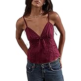 Women Y2k Tank Tops Spaghetti Strap V Neck Babydoll Cami Top Lace Trim Summer Going Out Peplum Camisoles
