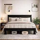 SAMTRA Wooden Bed Frame King Size with Headboard, Farmhouse Platform Bed | Rustic Farmhouse Bed Frame Wood Finish with Sturdy Slat Support, No Box Spring Needed, Easy Assembly, Rustic Black
