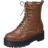 Forever Link Women Chunky Lug Sole Platform Lace up Fashion Combat Ankle Boot Side Zipper Short booties