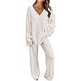 TECREW Women's Fuzzy Fleece Lounge Sets 2 Piece Outfits Long Sleeve Top Wide Leg Pants Pajama Sets