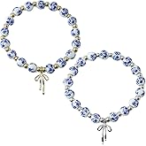 Ymcafmo 2Pcs Bow Charm Beaded Bracelets，Elegant Blue and White Beaded Bracelet for Women – Floral and Bow Design, Vintage Style Stretch Bracelet