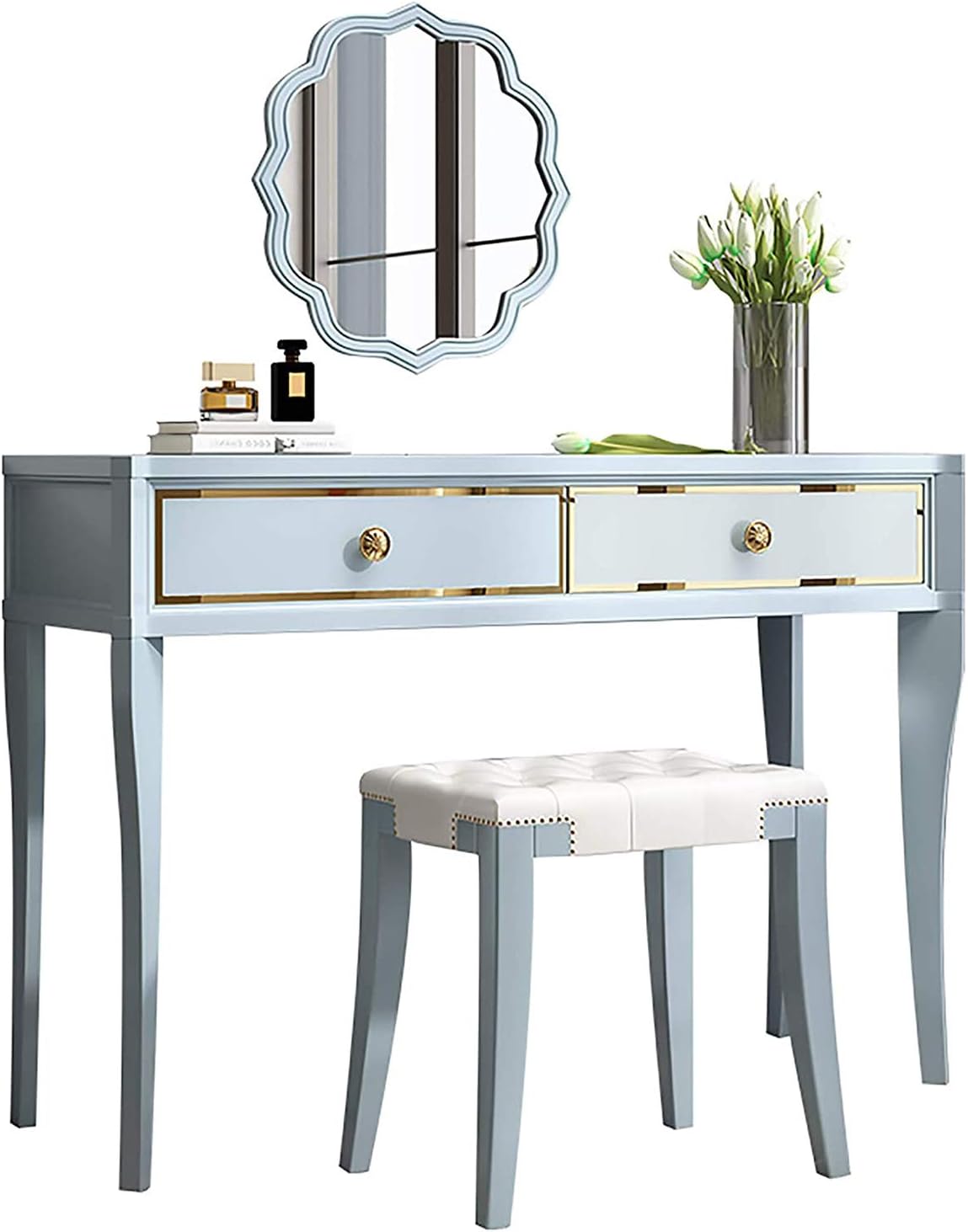Dressing Table with WallMounted Mirror Nordic Solid Wood Vanity