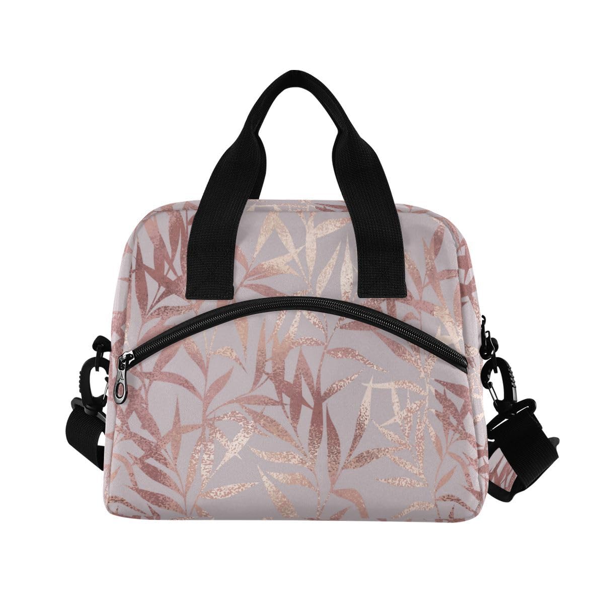 ALAZA Lunch Bags for Women Girls Boys, Rose Gold Leaves Insulated Lunch Box with Shoulder Straps and Handle, Crossbody Tote Lunch Bag for School Office