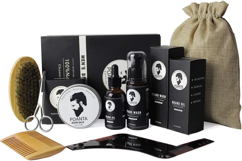 Beard Kit For Men Beard Care Unscented Beard Oil,Beard Balm,Beard Wash,Beard Comb,Beard Brush,Beard Shaping Tool,Beard Mustache Scissors,Storage Bag,Beard Grooming & Trimming Set (8 in 1beard kit)