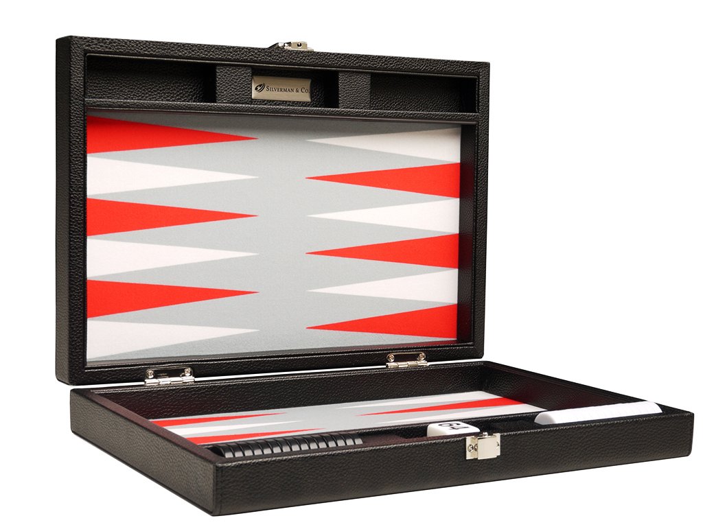 Silverman & Co. 13-inch Premium Backgammon Set - Travel Size, Black Board, White & Scarlet Red Points, 2-6 Players, Age 18+