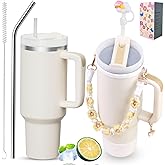 Sanilinwild 40 oz Tumbler Insulated Mug w/Straw & Flip Cap Lids - Cup Holder Bottle with 6 Accessories Set for Hot, Cold Drink - Leak-Proof - Water, Coffee Portable Travel Mug (Cream)