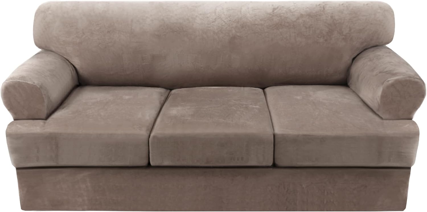 Slipcovers - H.VERSAILTEX Sofa Cover 4 Piece T Cushion Sofa Slipcovers Thick Velvet Couch Cover Furniture Protector Stretch Sofa Covers for 3 Cushion Couch with 3 Individual T Cushion Covers Washable, Taupe