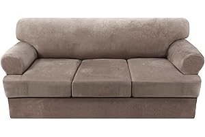 H.VERSAILTEX Sofa Cover 4 Piece T Cushion Sofa Slipcovers Thick Velvet Couch Cover Furniture Protector Stretch Sofa Covers for 3 Cushion Couch with 3 Individual T Cushion Covers Washable, Taupe