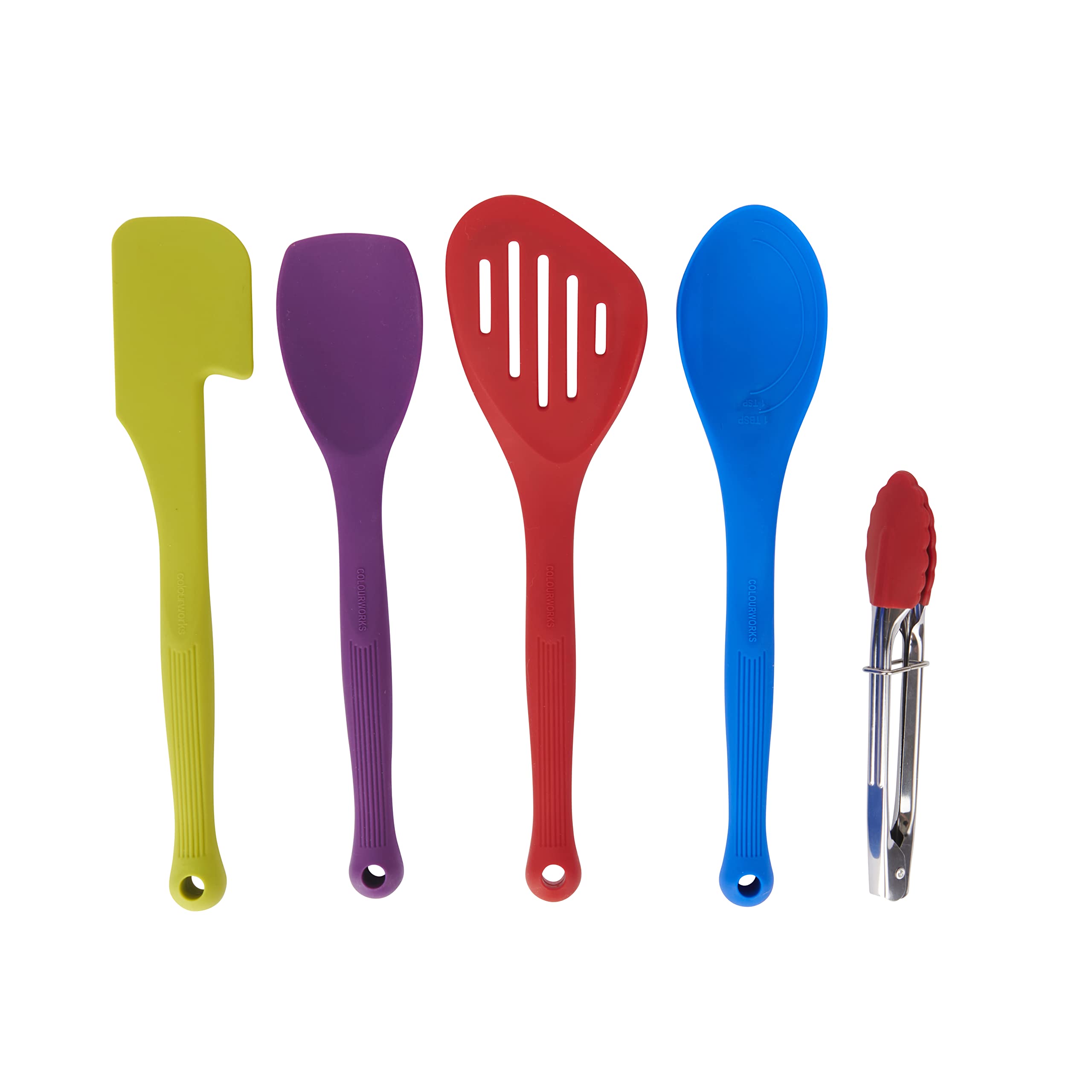Colourworks 5-Piece Silicone Cooking Utensils Set, Spoon, Spatula, Spoon Spatula, Tongs & Slotted Fish Slice, Kitchen Cooking & Baking Tools, Bright Multi-Coloured & BPA Free, Non Scratch Accessories