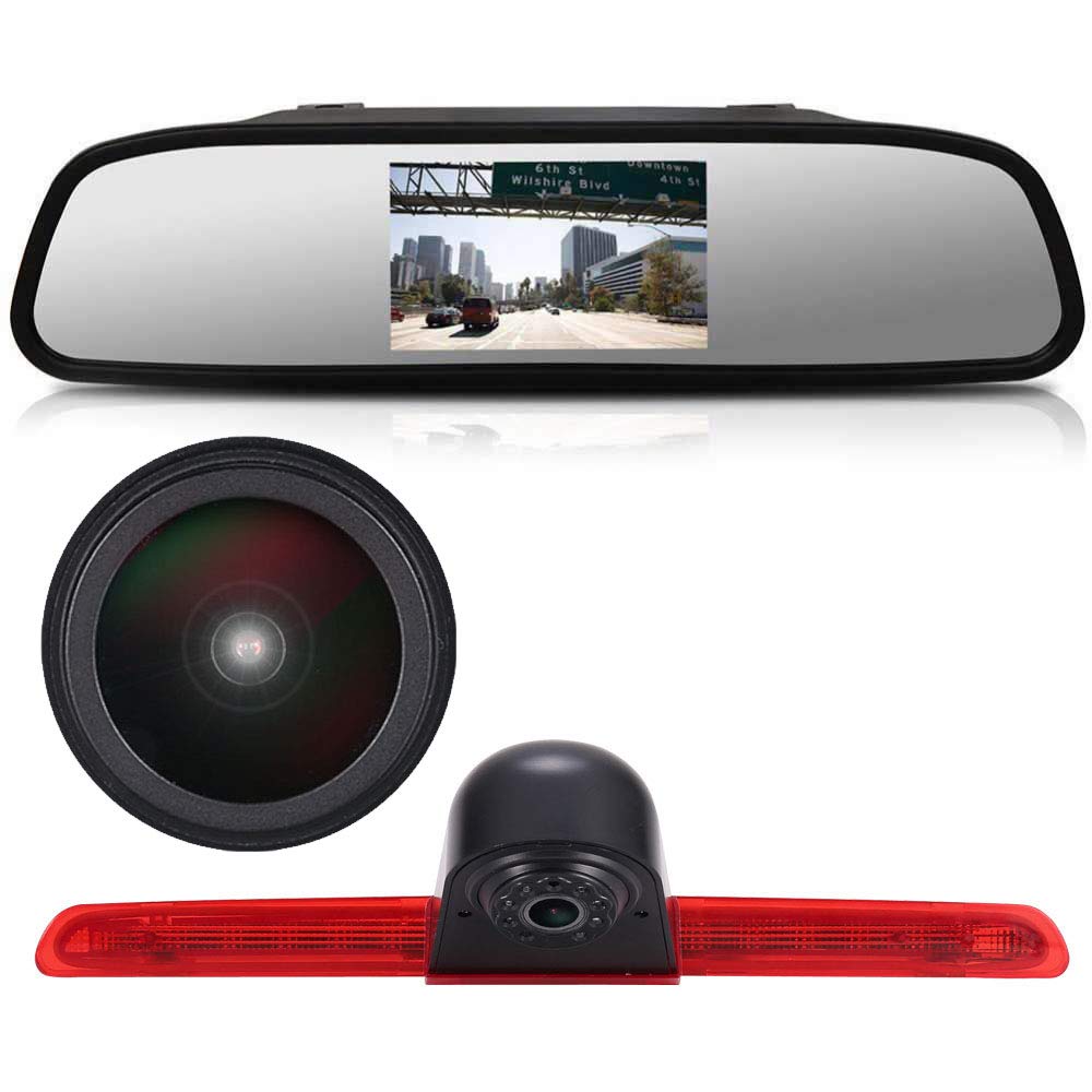 〔18mm Lens Camera + 4.3'' Rearview Mirror〕Car HD waterproof 3rd Brake Light Reverse Camera Kit for T6 tailgate high roof brake light 3rd stop lamp Transporter Business MPV SUV BUS