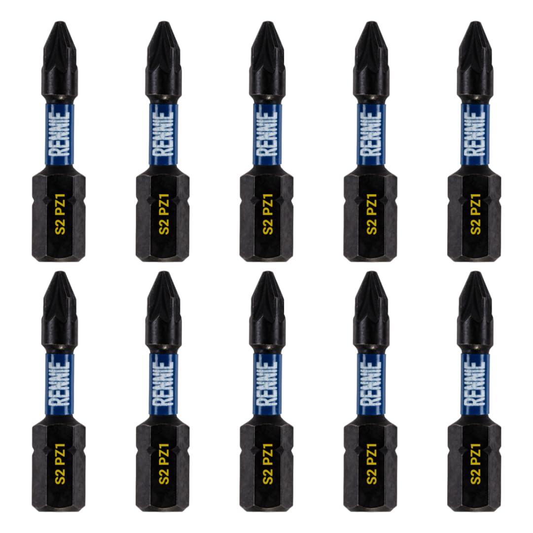 10 x Rennie Tools 32mm Long PZ1 Impact Screwdriver Driver Bits Set. Heavy Duty PoziDriv POZI No.1 Magnetic Screwdriver Bit Set. PZ1 Impact Driver Bits Pozidrive Screw Accessories.