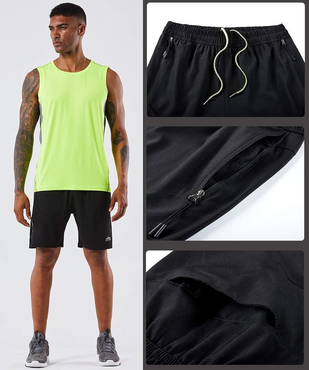 YAWHO Men's Workout Running Shorts Sports Fitness Gym Training Quick Dry Athletic Performance Shorts with Zip Pockets: Clothing