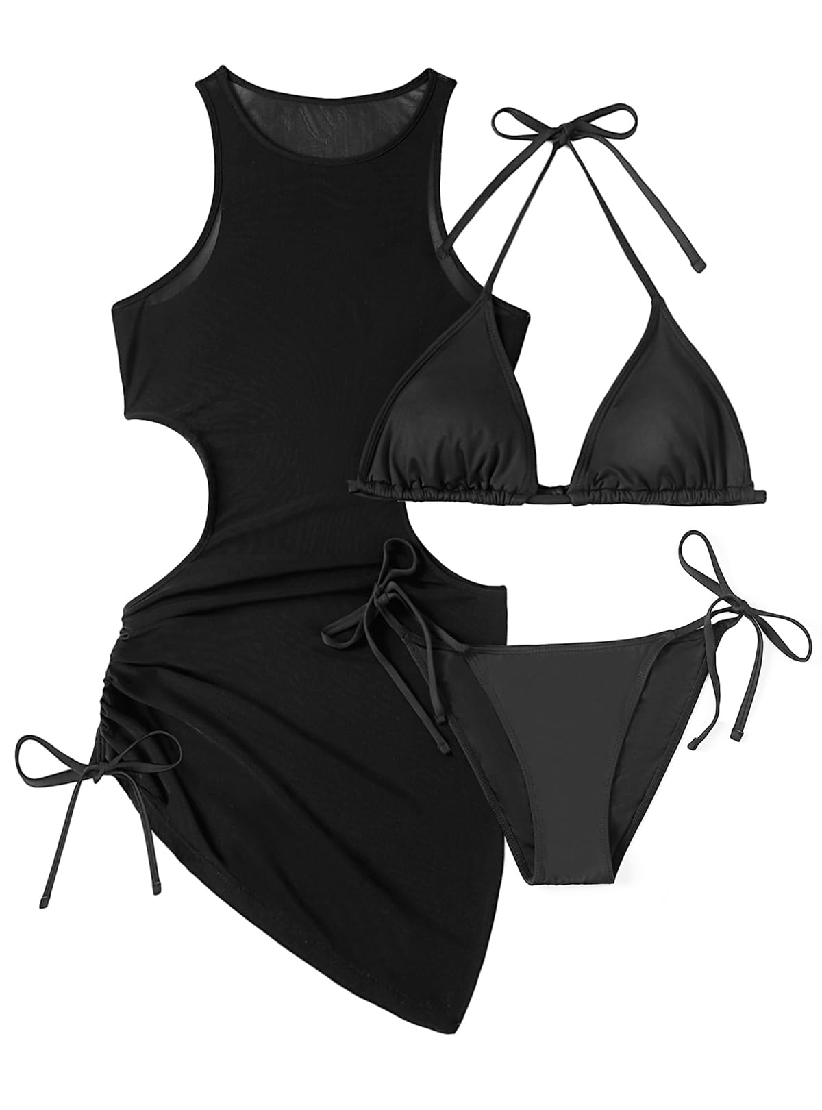 Photo 1 of Pinup Fashion 3 Piece Bathing Suits Women Black Bikini Sets with Cover Up Sexy Swimsuits with Cutout Coverup S-XXL