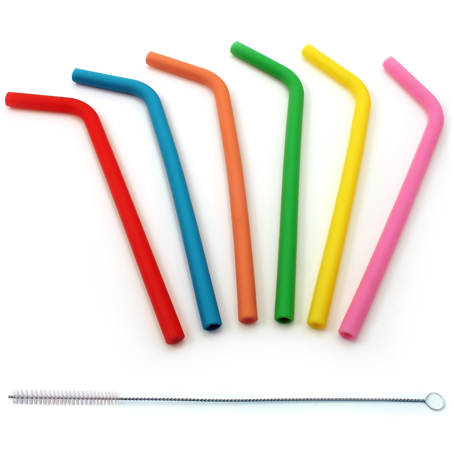 igadgitz home Reusable 100% Food Grade BPA Free Soft Silicone Travel Drinking Straws with Metal Cleaning Brush – Set of 6 (Red, Orange, Yellow, Pink, Green, Blue)