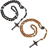 COMNICO Wood Rosary Beads, 2Pcs Wood Beads Rosary Necklace Handmade Rosarios Catolicos Dangling Cross Pendant Olive Wood Rosary Beads for Men and Women Baptism First Communion & Confirmation