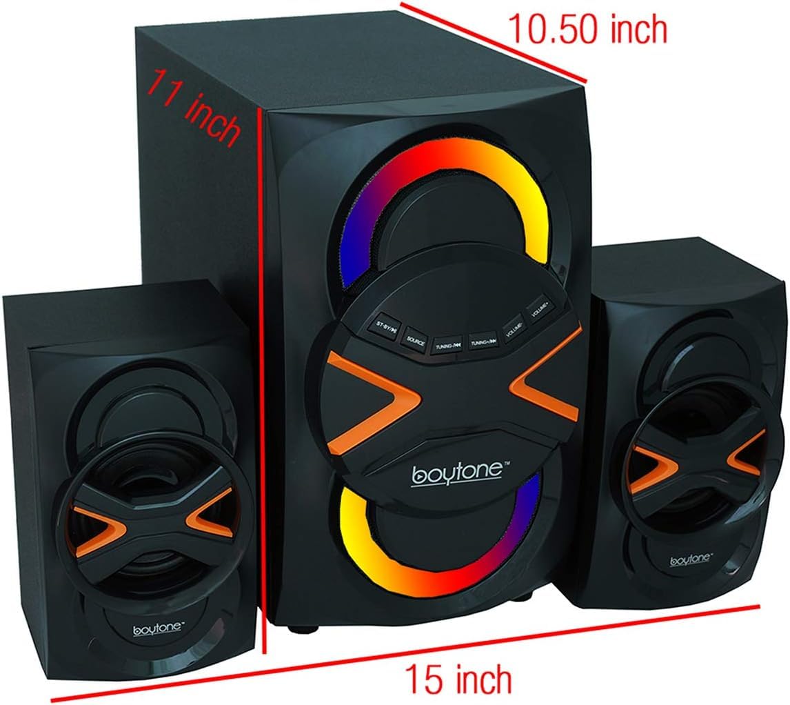 Boytone BT-326F, 2.1 Bluetooth Powerful Home Theater Speaker System, with FM Radio, SD USB Ports, Digital Playback, 40 Watts, Disco Lights, Full Function Remote Control, for Smartphone, Tablet., Black