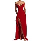 Azhong Women's Summer Sexy Off Shoulder V Neck Maxi Dress High Slit Corset Party Prom Evening Gown