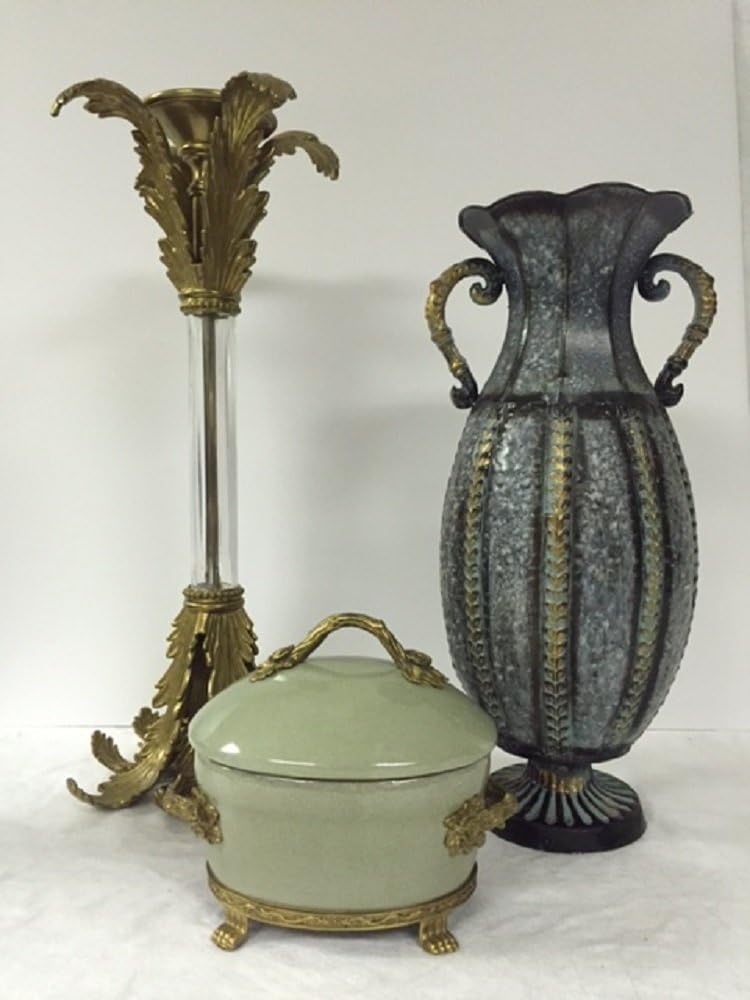 Accessories Collection - John Richard Accessories - Solid Brass & Acrylic Candleholder, Hammered Metal Vase, and Mint Green Lidded Cachepot