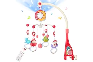 Mini Tudou Baby Musical Mobile Crib Toys with Projector and Light, Timing Function, Remote Control Baby Cot Mobile with Take Along Music Box and Rattles, Present for Newborn Babies Boys Girls