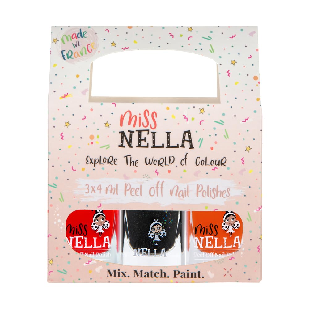 Miss Nella Halloween Special Glitter Kids Nail Polish 3 Pack: Poppy Fields (orange), Surprise Party (black glitter) & Class Clown (red), Peel-off, Non- toxic, Water Based Formula